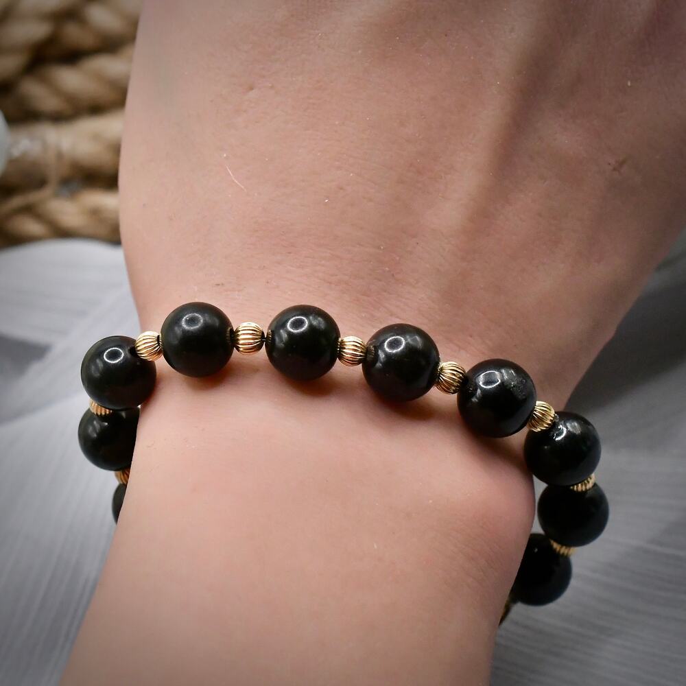 Vintage 14k Yellow Gold Black Onyx Bead Bracelet Textured Spacers Clasp 7" 18g